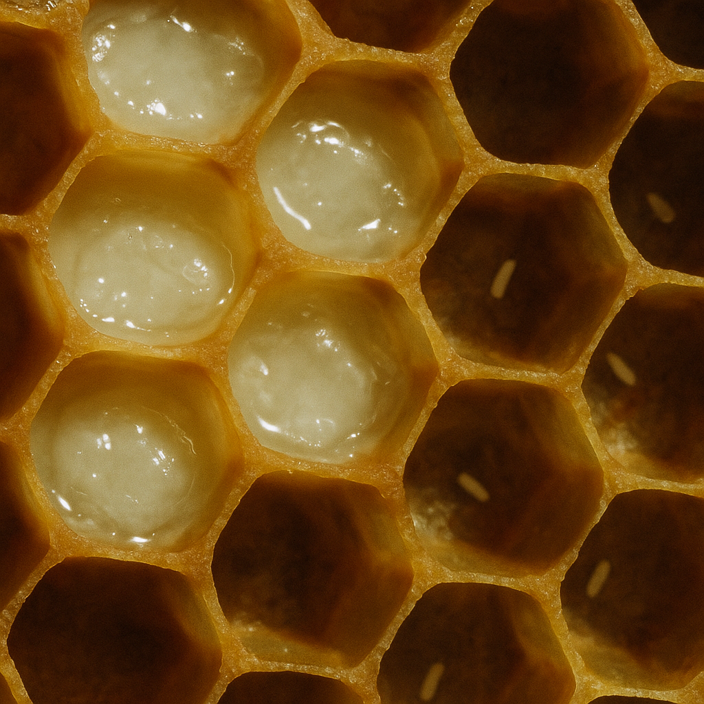 Close-up of royal jelly in honeycomb — the pure, nutrient-dense essence behind Oliba Cosmetics’ luxury heritage skincare.